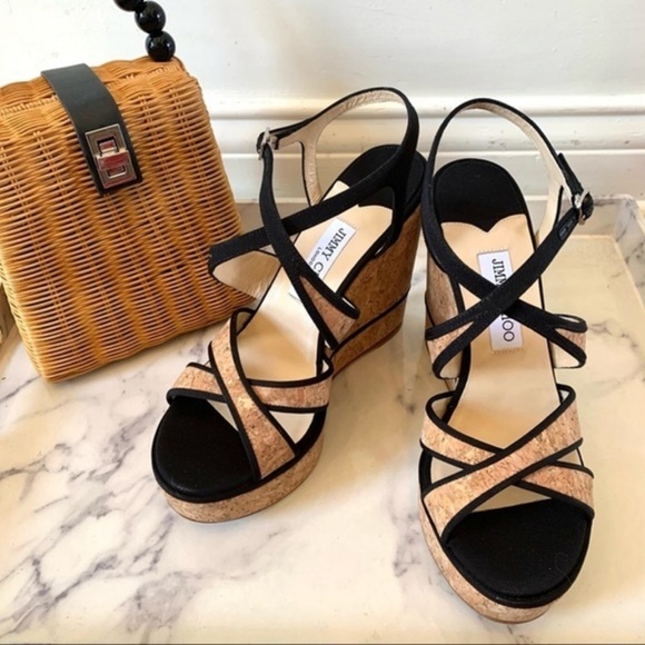 JIMMY CHOO Alissa 120 Natural/Black…Cork/Grosgrain in size 40 (US Women’s 10) - Picture 1 of 6
